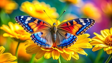 Fototapeta premium A close-up shot of a colorful butterfly resting on a vibrant yellow flower, butterfly, yellow, flower, colorful, nature