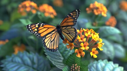 Obraz premium A vibrant butterfly perched on bright orange flowers amidst lush green foliage.
