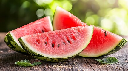 Fresh watermelon slices on rustic wooden table with green leaves, blending natural textures and vibrant colors in a simple presentation.