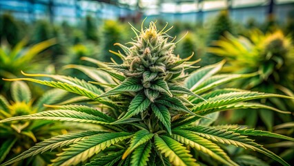 Vibrant green flower bud of cannabis sativa plant grows in controlled greenhouse environment, showcasing delicate trichomes and intricate details on herbal medicine background.