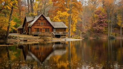 Obraz premium Cozy Log Cabin by the Lake in the Woods with Beautiful Water Reflection