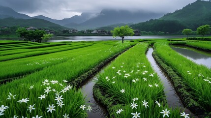 Japanese rice fields flowers and mountains, rice paddies with water filled dikes, cultivation agriculture in harvest season
