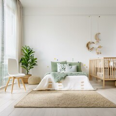 White cozy children room interior background, wall mockup, 3D render
