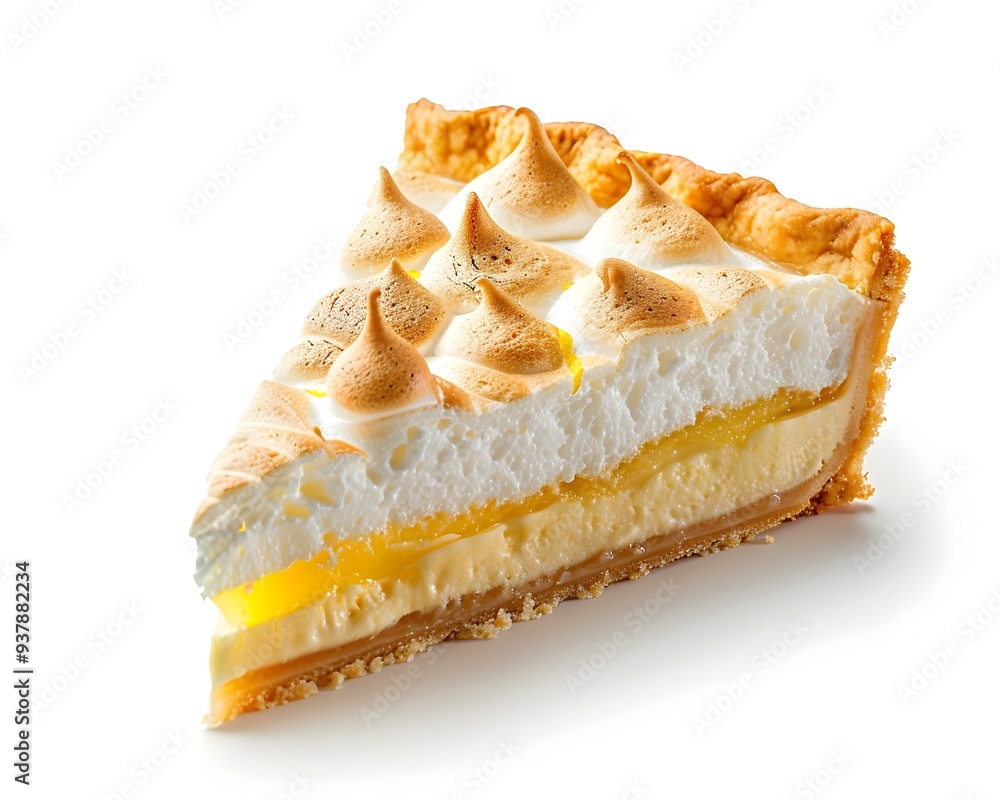 Poster elegant lemon meringue pie slice on white background with fluffy texture and golden crust