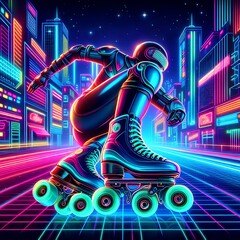Roller skate in cyberpunk style, disco nostalgic 80s, 90s. Neon night lights vibrant colors, photorealistic horizontal illustration of the futuristic city.