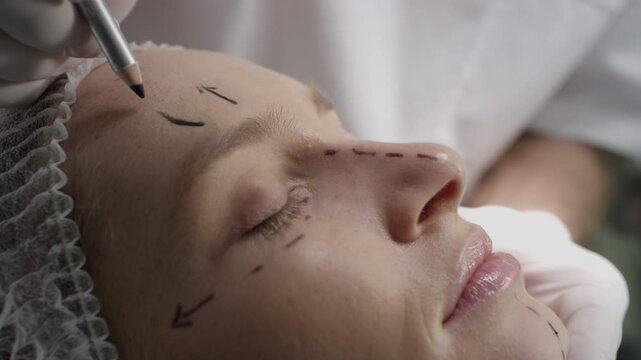 Doctor drawing dotted lines on woman's face