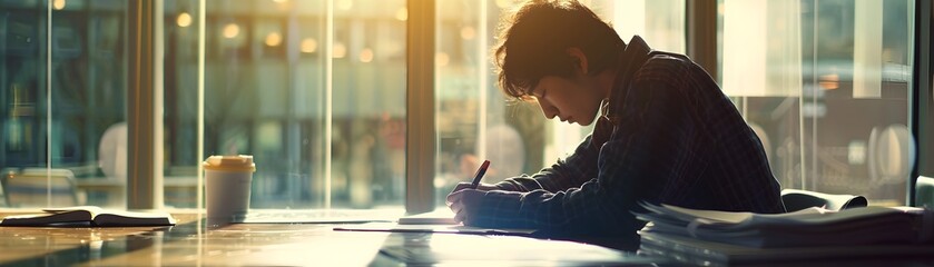 Introverted professional takes a moment to write in journal during quiet lunch break