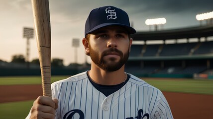 Professional baseball player holding bat on sport stadium.