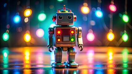 Naklejka premium Robot toy with colorful lights and movable limbs, robot, toy, colorful, lights, movable, limbs, play, fun, children
