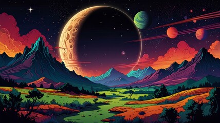 Fototapeta premium Psychedelic Space banner template in anime manga line art style. Horizontal illustration of the future landscape with mountains.