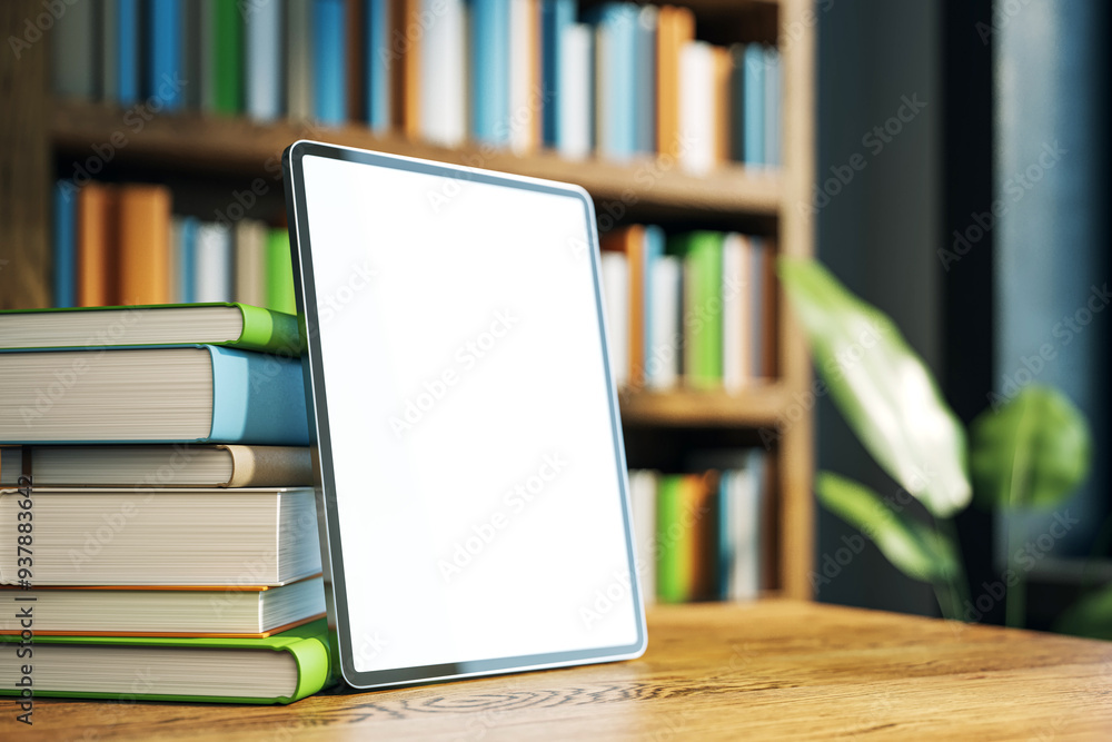 Poster Digital tablet screen mockup on a wooden desk with stack of books in a library room. 3D Rendering
