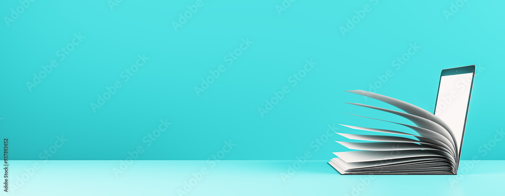 Poster Open book transforming into a digital tablet on a blue background. 3D Rendering