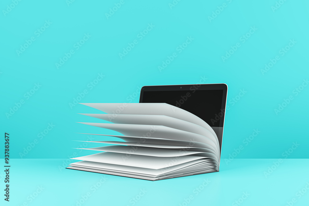 Poster open book blending into a laptop on a blue background, concept of digital learning. 3d rendering