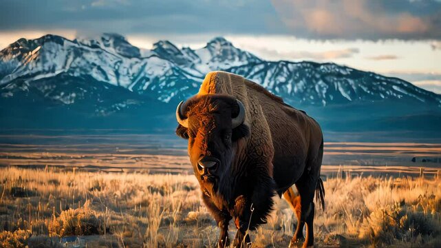 Majestic bison standing in a serene field with others grazing in the background