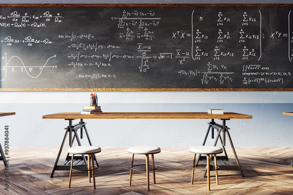 Poster Modern classroom interior with blackboard covered in formulas. 3D Rendering