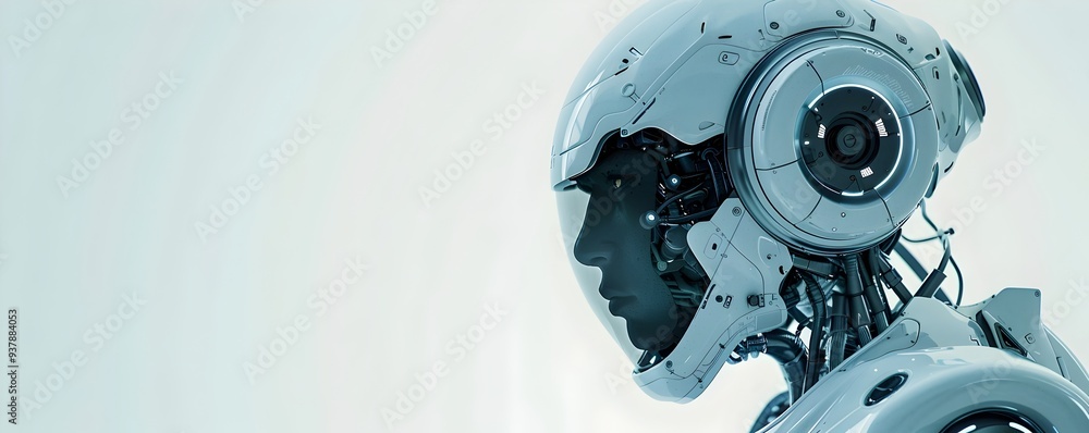 Poster advanced humanoid robotic assistant with detailed features on white background