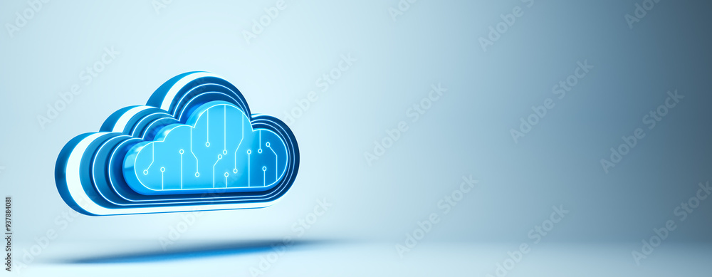 Poster Blue cloud computing icon with circuit design on light blue background. 3D Rendering