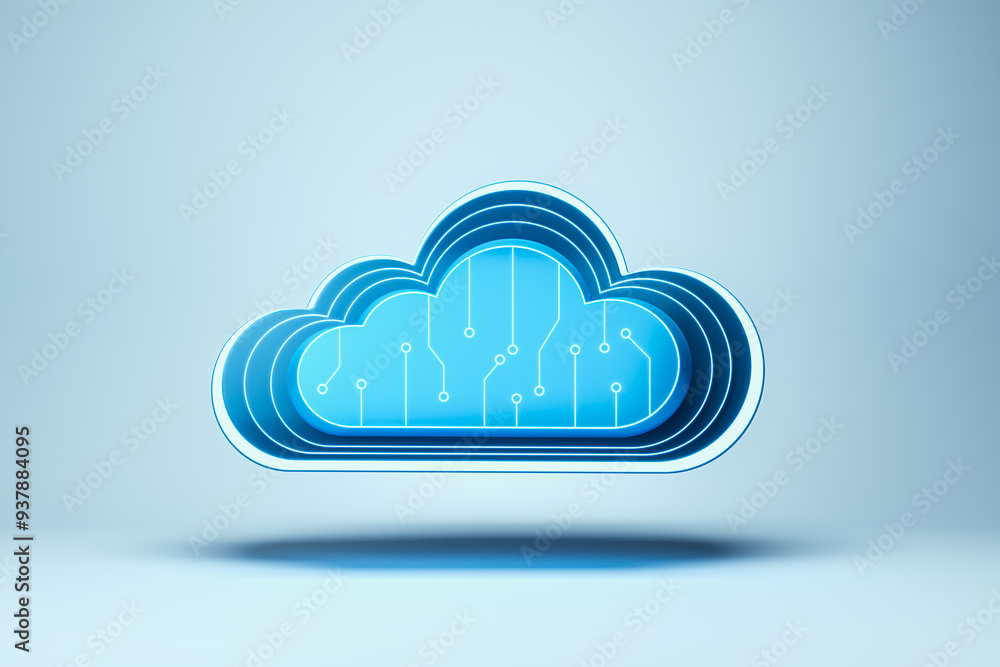 Poster Abstract cloud icon with circuit pattern on a blue background. 3D Rendering