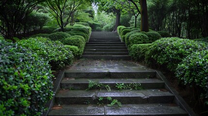 Obraz premium Stone Steps Leading Through Lush Green Foliage