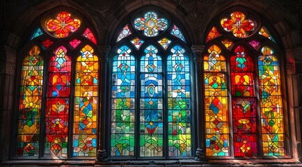 Three colored stained glass windows in cathedral. Abstract colored geometric ornament of glass.
