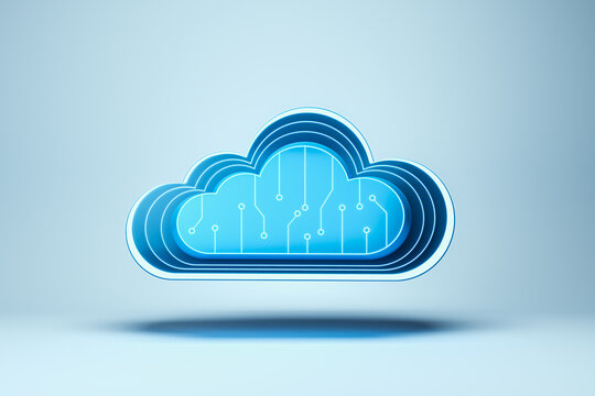 Abstract cloud icon with circuit pattern on a blue background. 3D Rendering