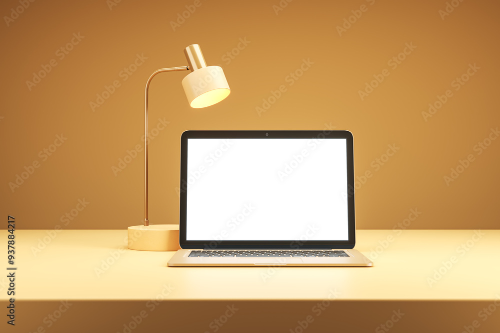 Poster Modern desk setup with laptop and lamp on a light orange background. 3D Rendering