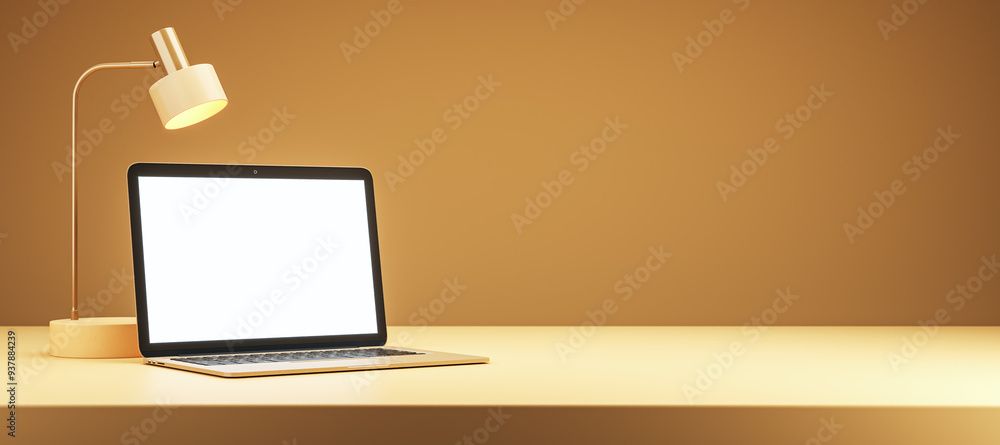 Aufkleber modern laptop and desk lamp on a wooden table with an orange background. 3d rendering