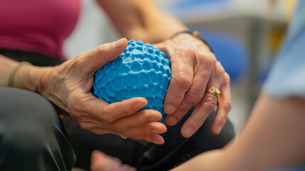 A close-up of hands gripping a stress ball during a hand rehabilitation session