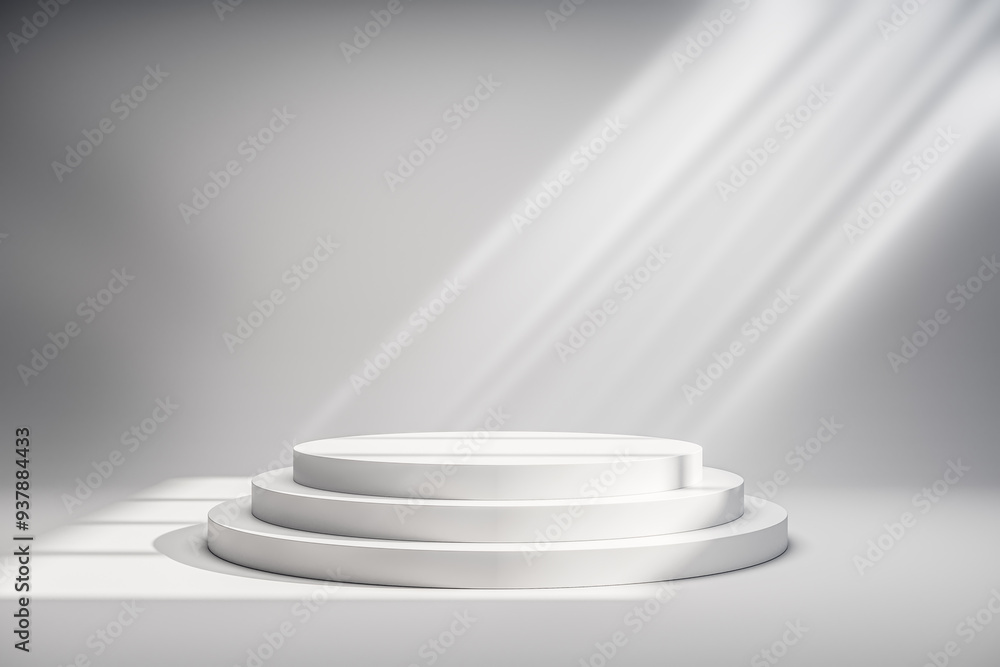 Aufkleber white circular podium with rays of light in a minimalistic interior room. 3d rendering