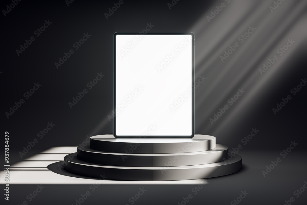 Poster Digital tablet mockup on circular podium with dark background. 3D Rendering