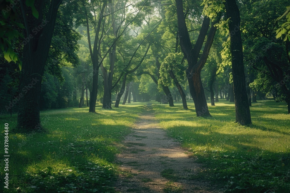 Poster A winding dirt path leads through a dense and vibrant green forest, suitable for outdoor adventures, travel or nature photography