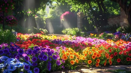 A vibrant garden filled with colorful flowers under soft sunlight, creating a serene and inviting atmosphere.