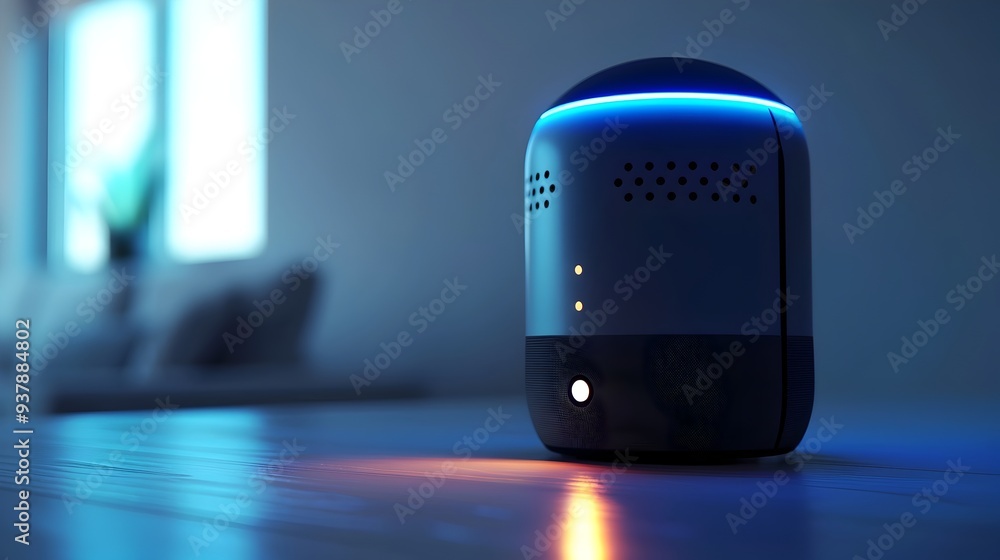Poster sleek and modern smart home assistant device with glowing indicators on a white background