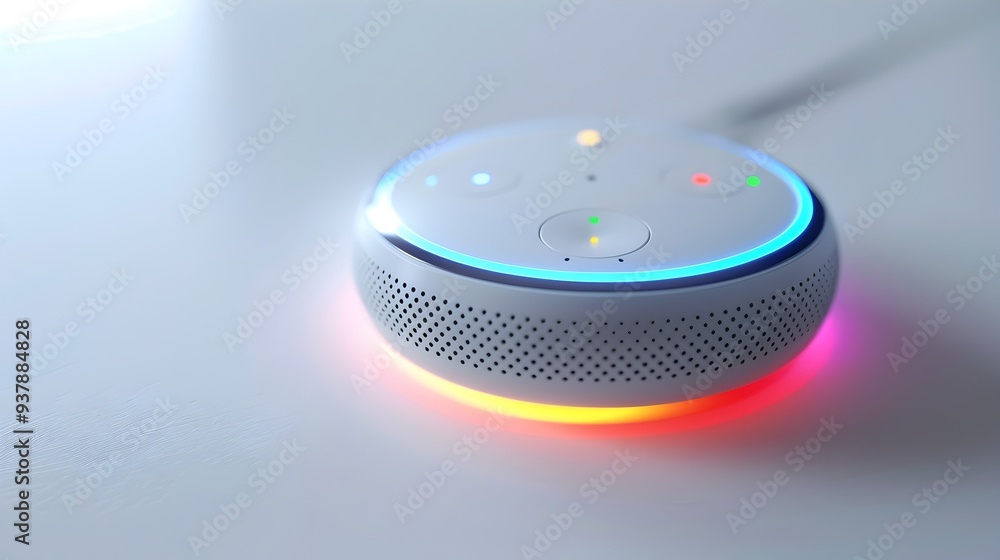 Poster sleek smart home assistant device with glowing indicators on white background