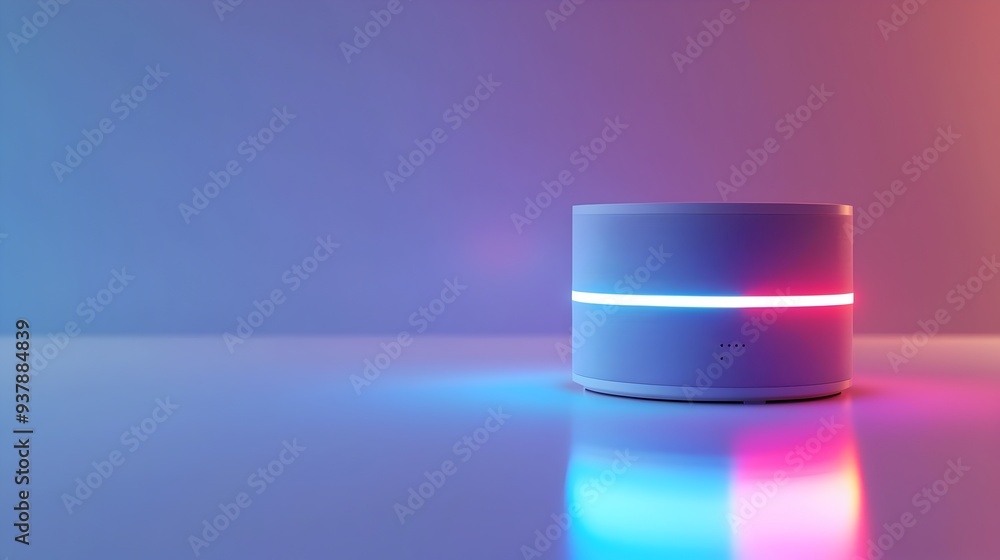 Poster sleek and modern smart home assistant device with glowing indicators on white background technology 