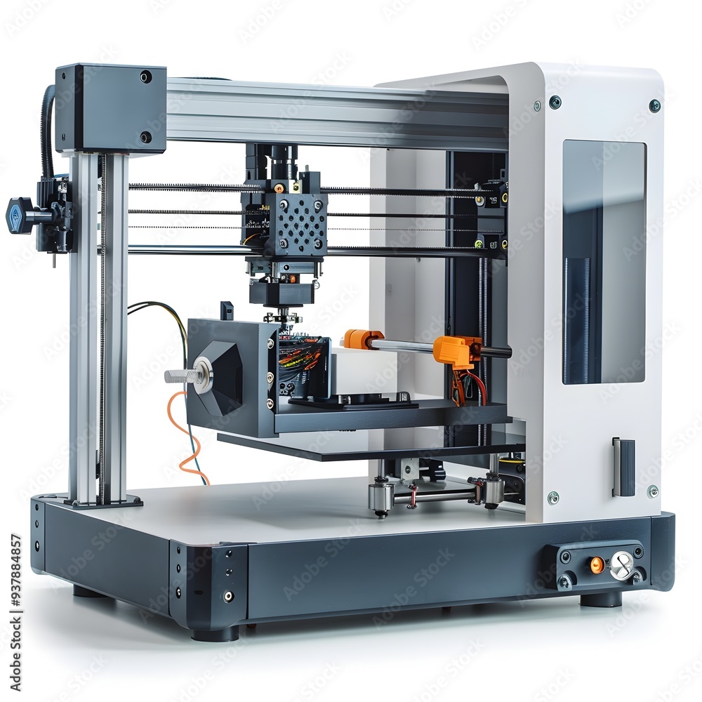 Poster cutting edge 3d printer crafting an object on a white background showcasing advanced mechanics and t