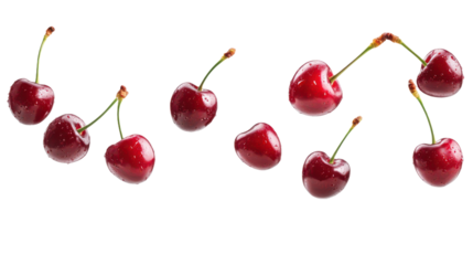 Suspended Cherries in Motion, Isolated on transparent background, PNG file