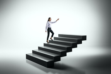 Woman in business attire climbing abstract stairs, symbolizing career growth and ambition.