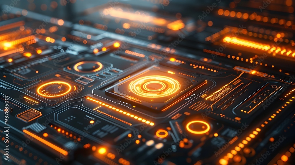 Poster sleek futuristic touchscreen interface with holographic elements and technology concept