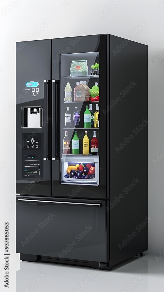 Poster smart refrigerator with modern design digital interface and technology concept on white background