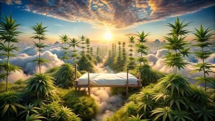 Serene clouds envelop a tranquil slumber scene, surrounded by lush cannabis plants, conveying the bliss of healthy sleep and pain relief with natural hemp extracts.