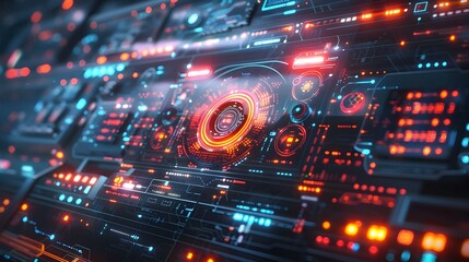 Futuristic Touchscreen Interface with Glowing Holographic Elements in Sleek Design   Technology Concept