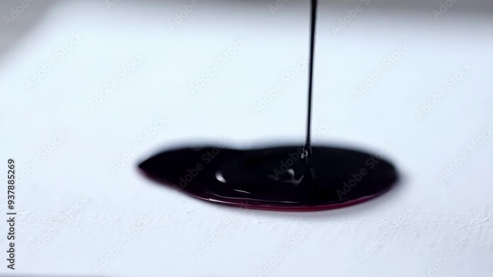 Poster black ink dripping from the tip of a brush pen on a white canvas, creating an abstract shape, perfec