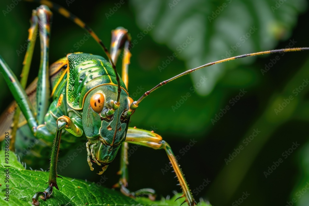 Poster a small grasshopper perches on the edge of a leaf, showcasing its tiny details