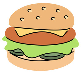 Burger, hamburger or cheeseburger. Fast food, food and meal, illustration