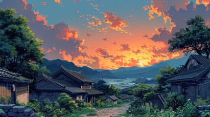 Naklejka premium hand drawn illustration style, a rural Chinese morning, summer, 8K 