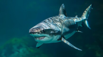 Naklejka premium Great white shark swimming in the water.