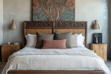 Short King Size Bed with Carved Wood Headboard in Antique Brown