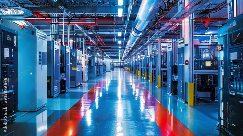 Poster clean, modern factory operating with innovative production techniques and equipment. the colored lin