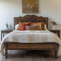 Short King Size Bed with Carved Wood Headboard in Antique Brown